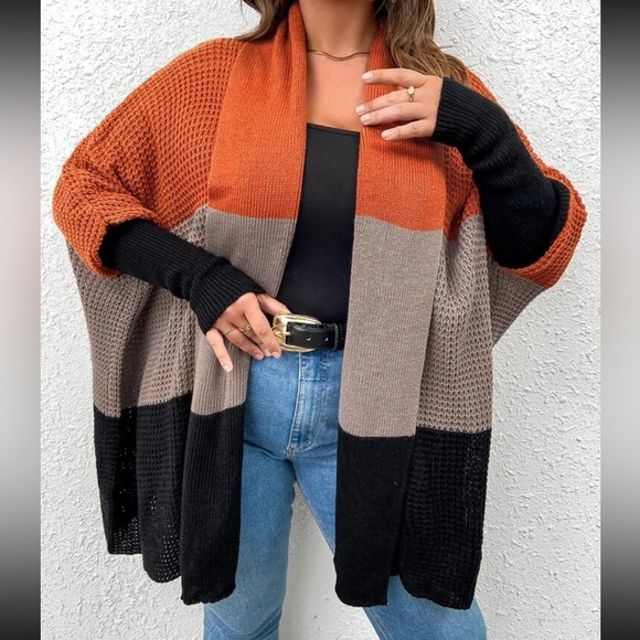 Plus Size Comfy Color block Batwing Open Front Shawl Sweater Cardigan - Picture 4 of 6